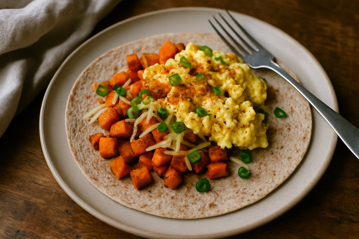 Roerei wrap met zoete aardappel