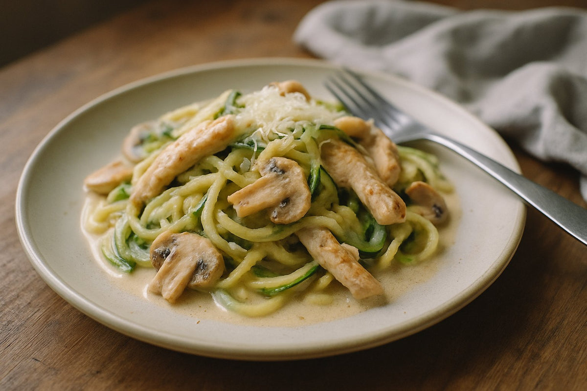 Courgette-spaghetti met kip in lichte roomsaus