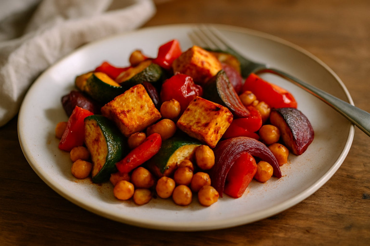 Tofu kikkererwten traybake met groente