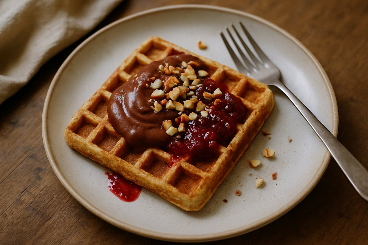 Wafel-toetje met jam en chocoladepudding