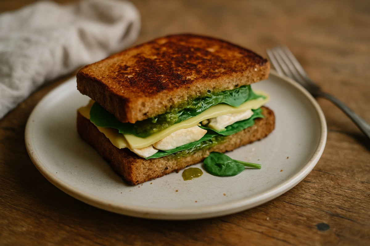 Vollkorn Tosti mit Huhn, Käse und Pesto