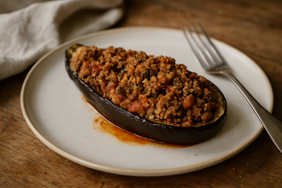 Gevulde aubergine met rundergehakt en bulgur