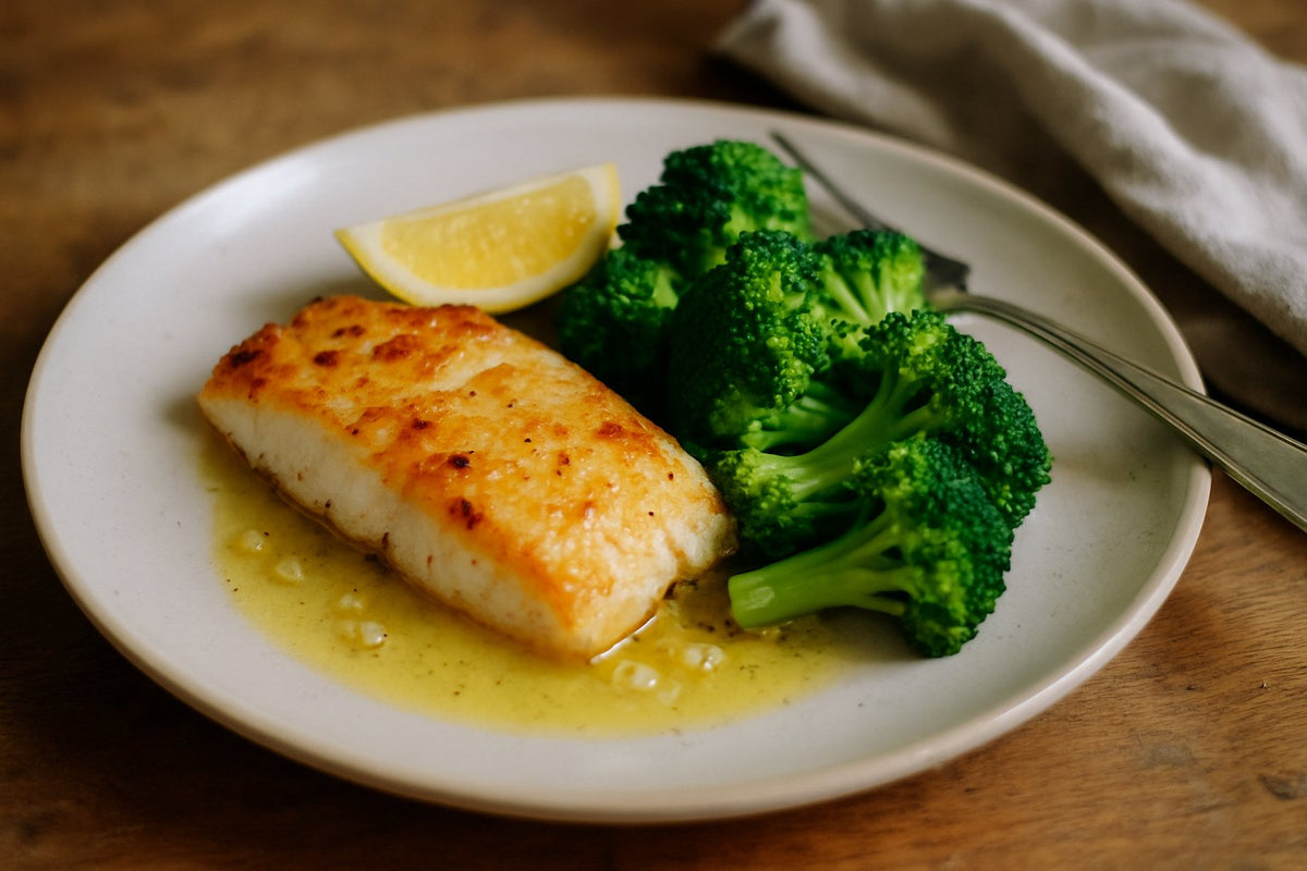 Microwave fish fillet with broccoli