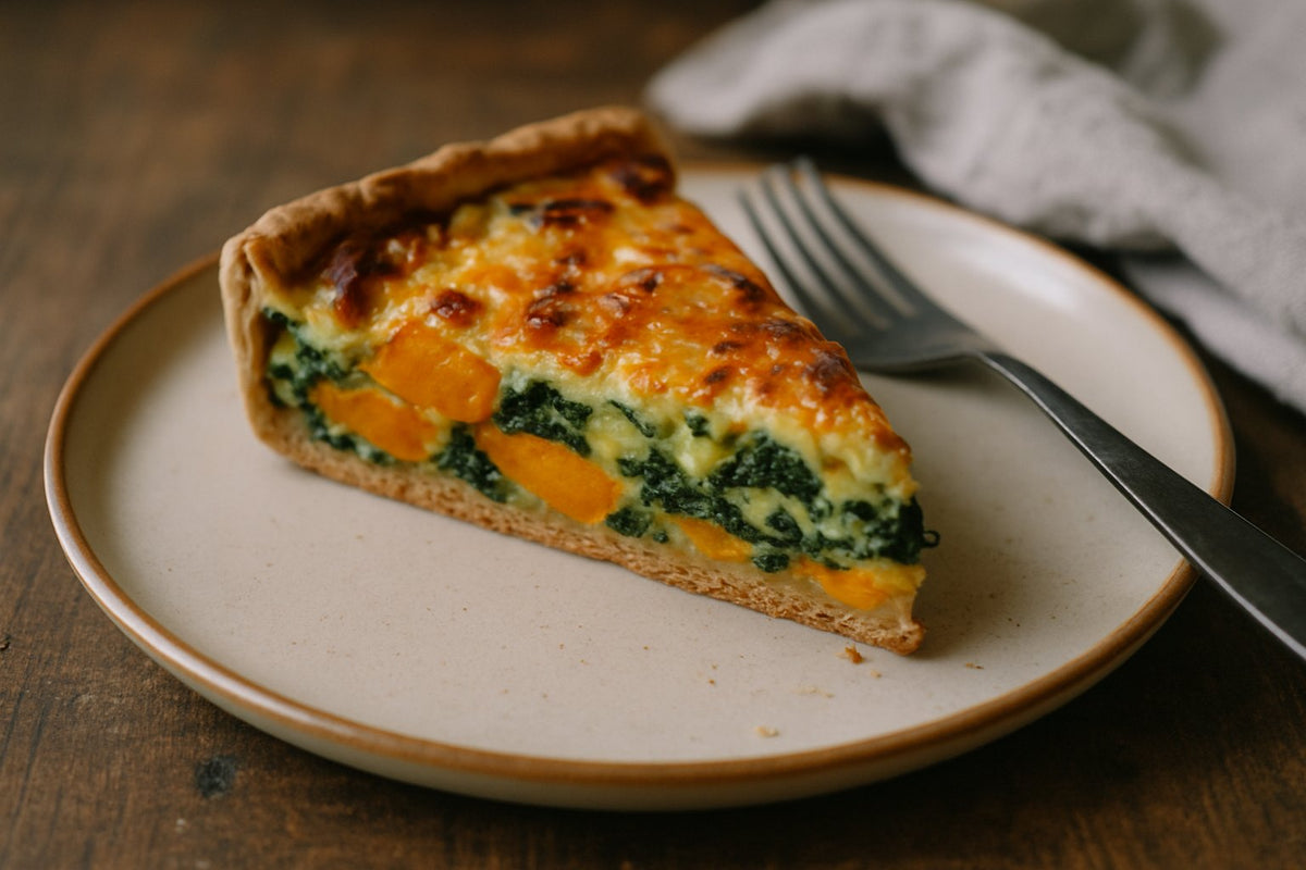 Volkoren quiche met zoete aardappel en spinazie