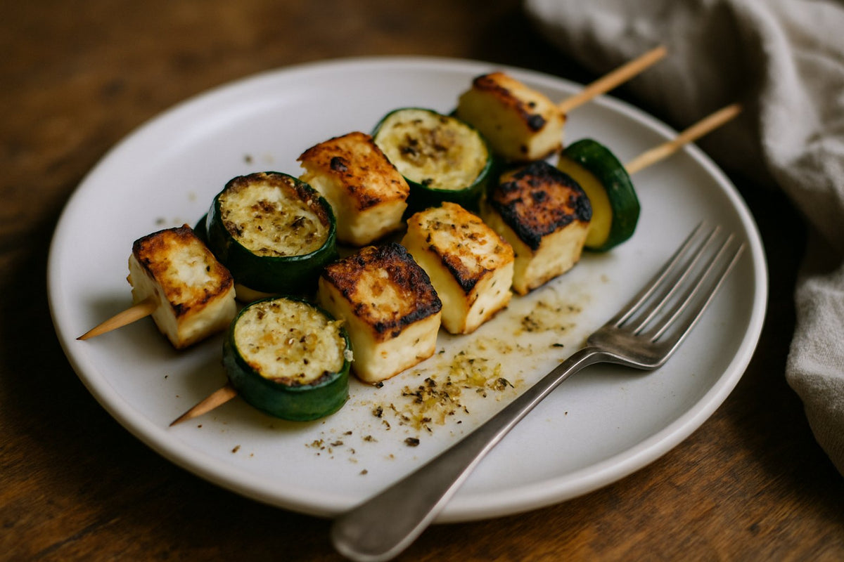 Gegrilde halloumi en courgette spiesen