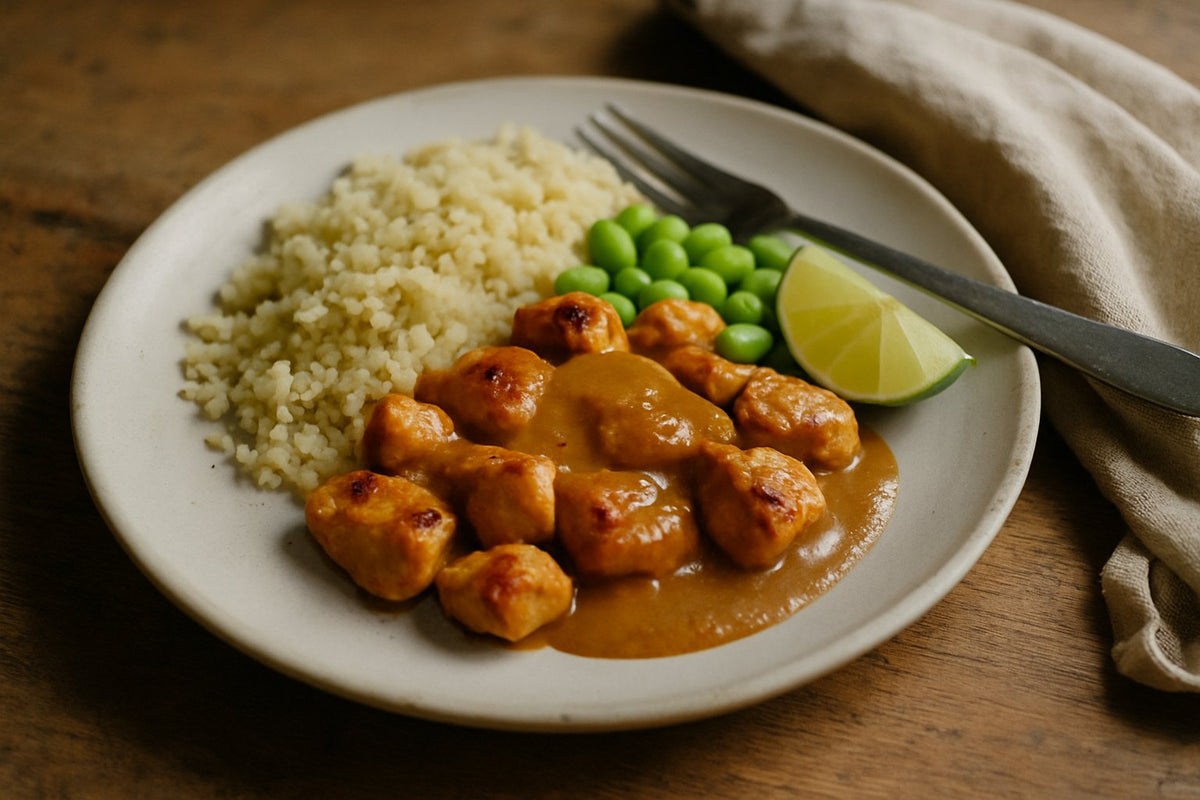 Satay-kip met bloemkoolrijst en pindasaus