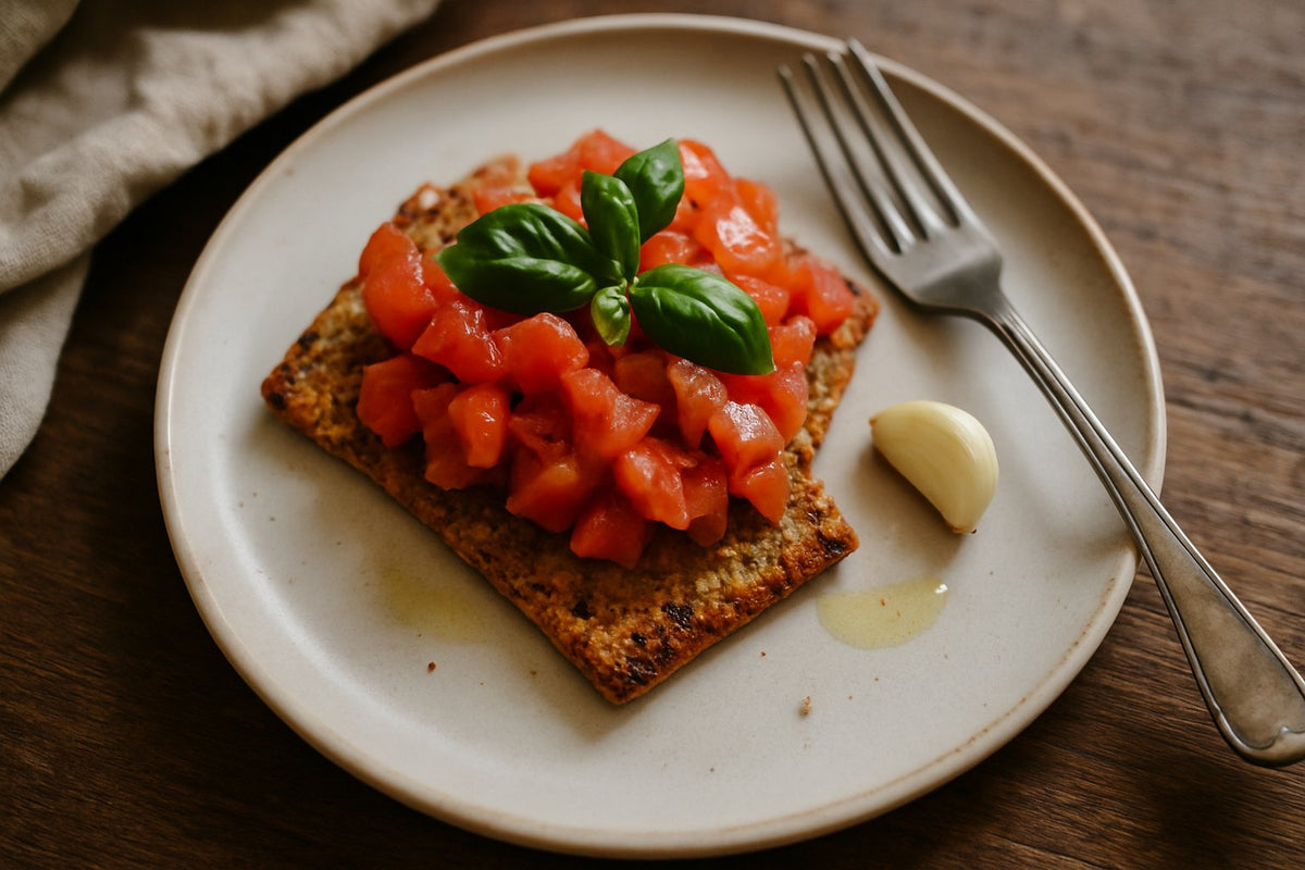 Bruschetta op Bioteine Proteine Crackers met tomaat en basilicum