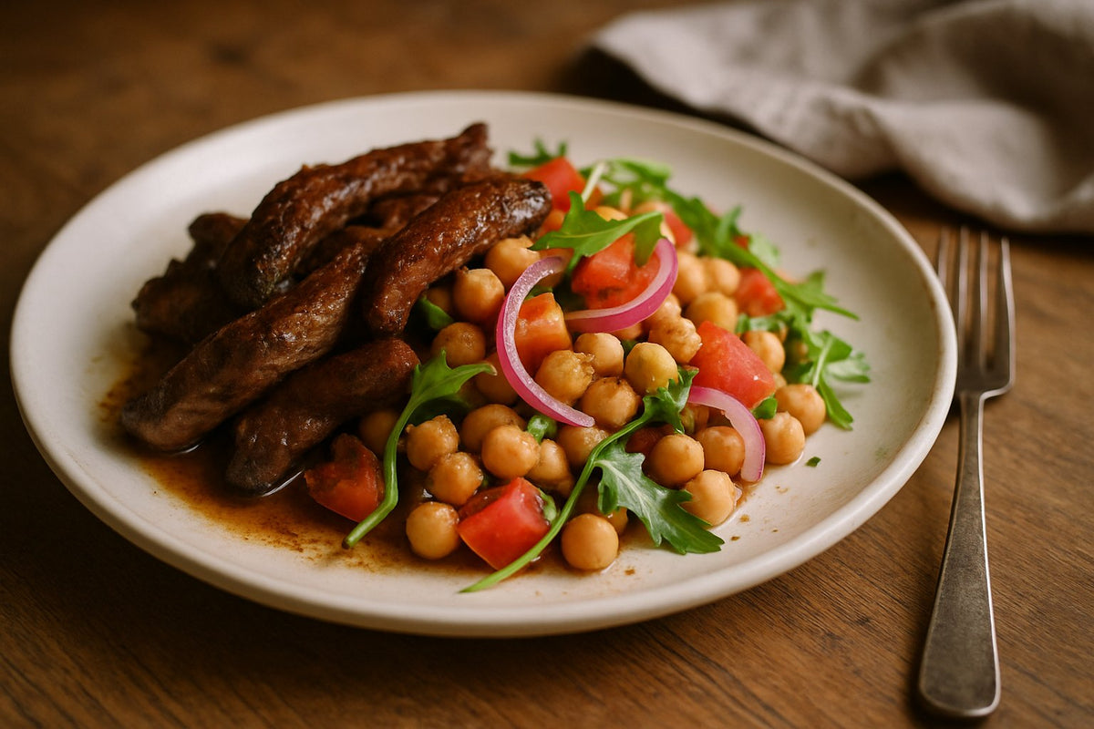 Lauwwarme runderreepjes met kikkererwtensalade