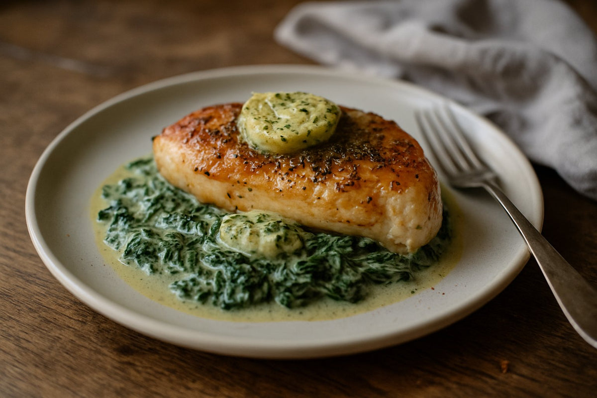 Kipfilet met kruidenboter en romige spinazie