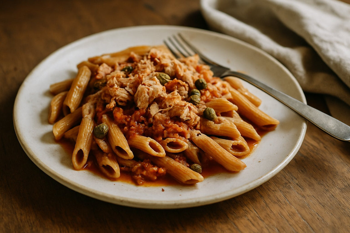 Wholemeal spaghetti with tuna and capers