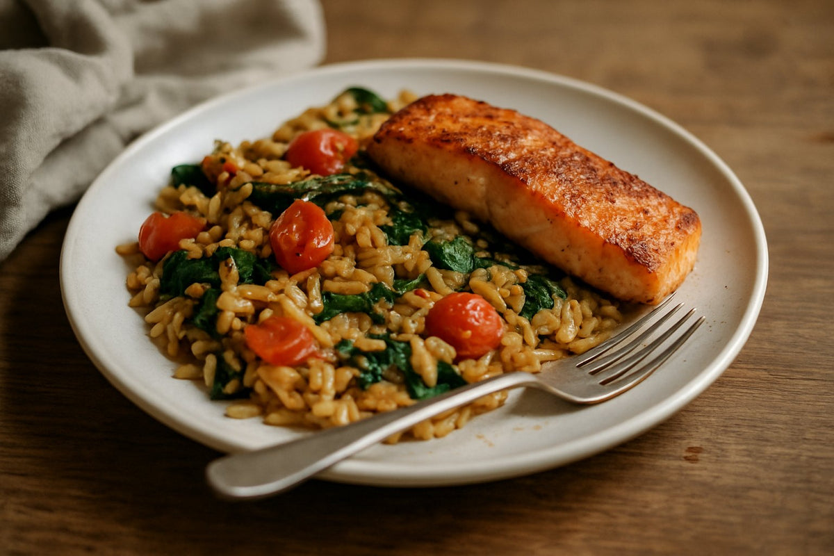 Ovenschotel met zalm en volkoren orzo