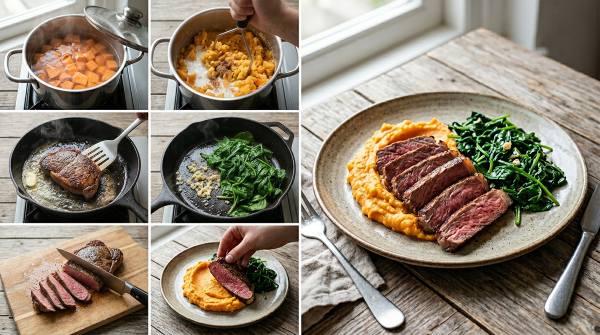 Biefstuk met zoete-aardappelpuree en spinazie