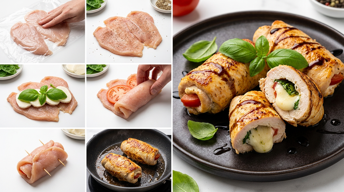 Caprese pollo rolletjes met basilicum