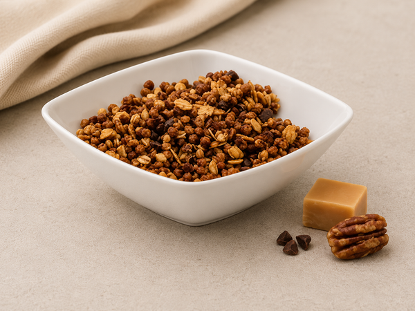 Muesli chocolade caramel pecan proteïne in schaaltje met karamel en pecannoten