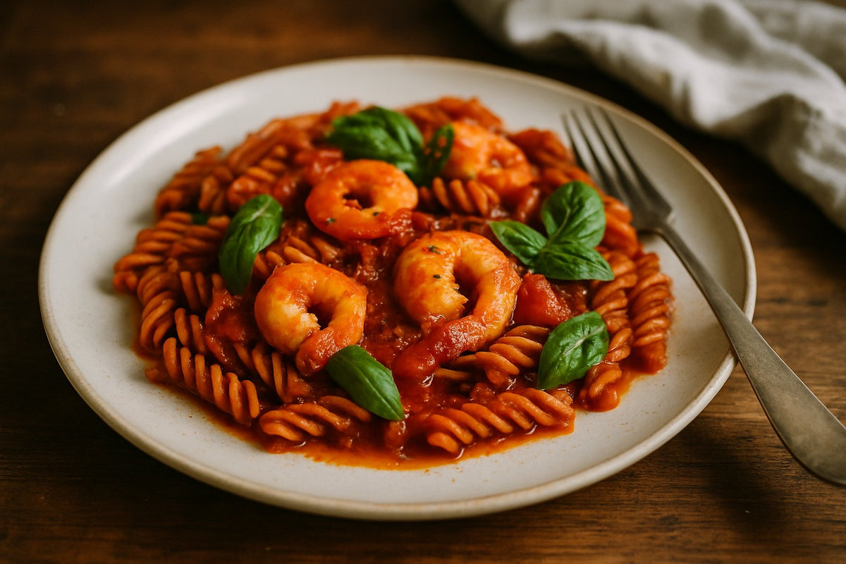Linsenpasta mit Garnelen und Tomate