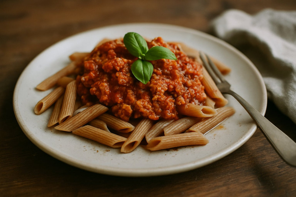 Volkoren pasta met kalkoengehakt-tomatensaus