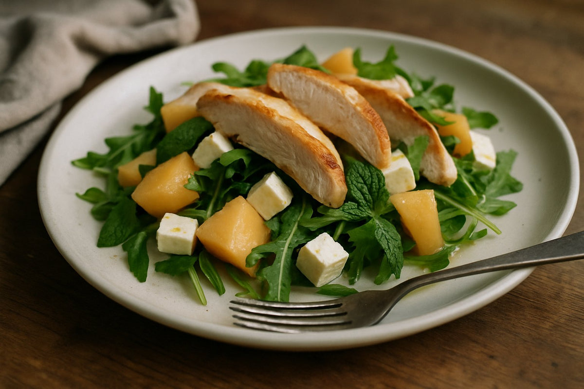 Frischer Melonen-Feta-Salat mit Hähnchen