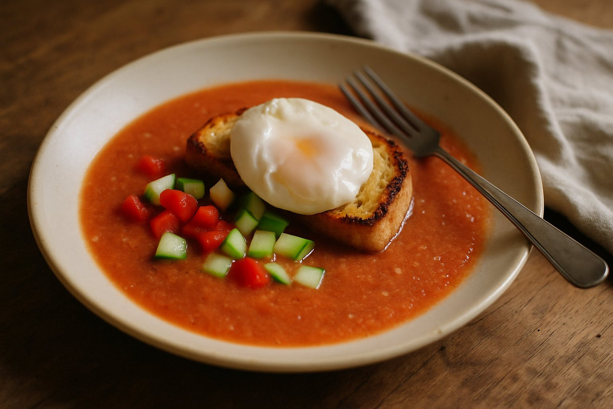 Frische Gazpacho mit pochiertem Ei