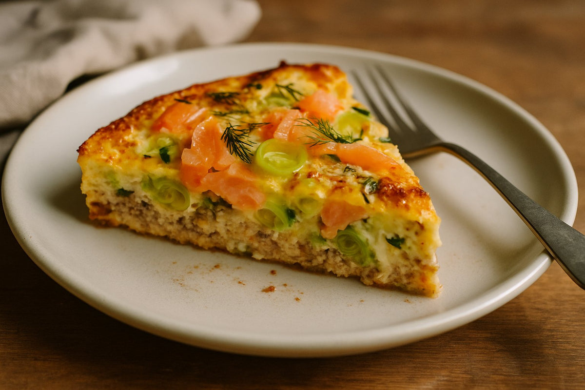Korstloze quiche met zalm en prei