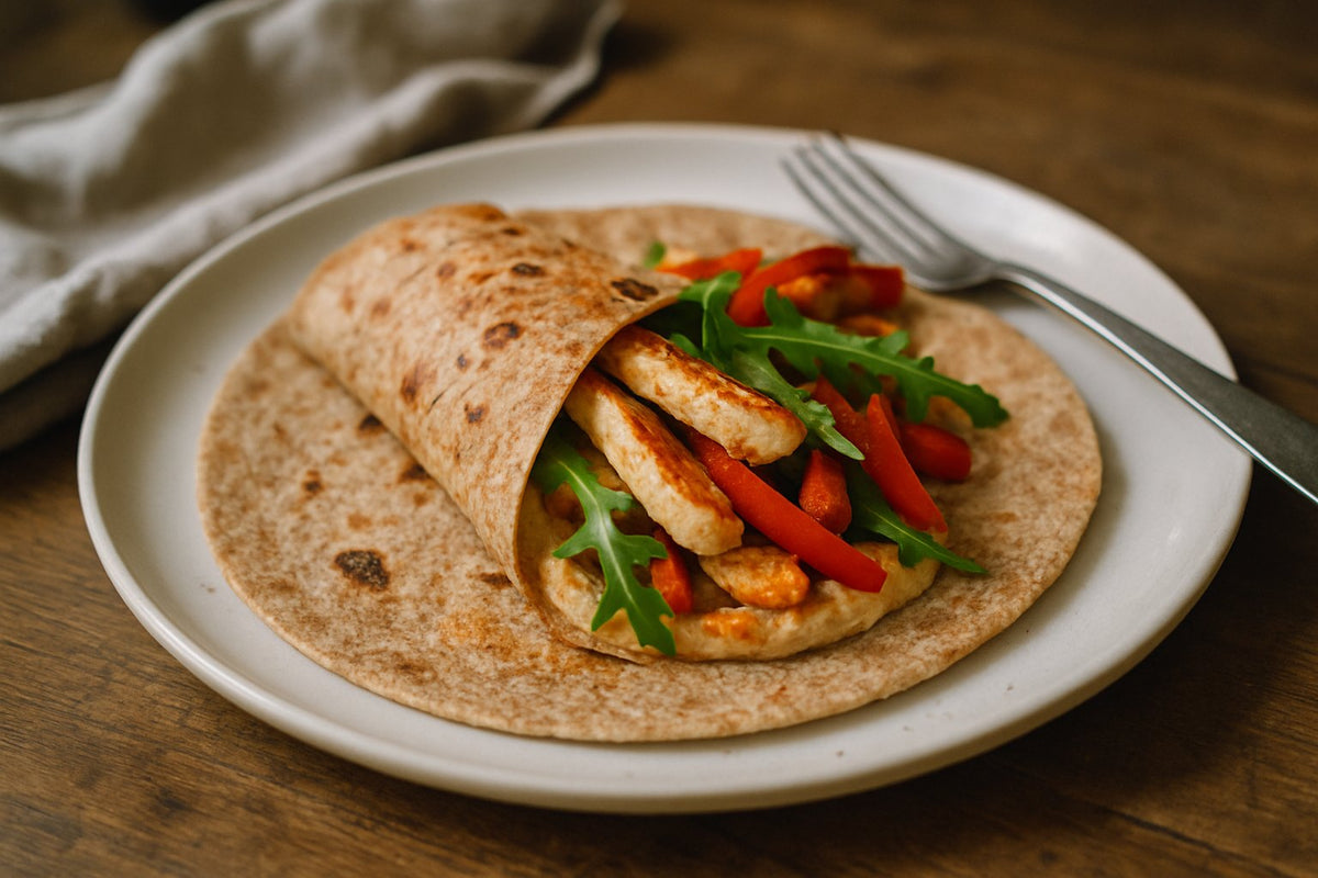 Vollkornwrap mit Huhn, Hummus und Paprika