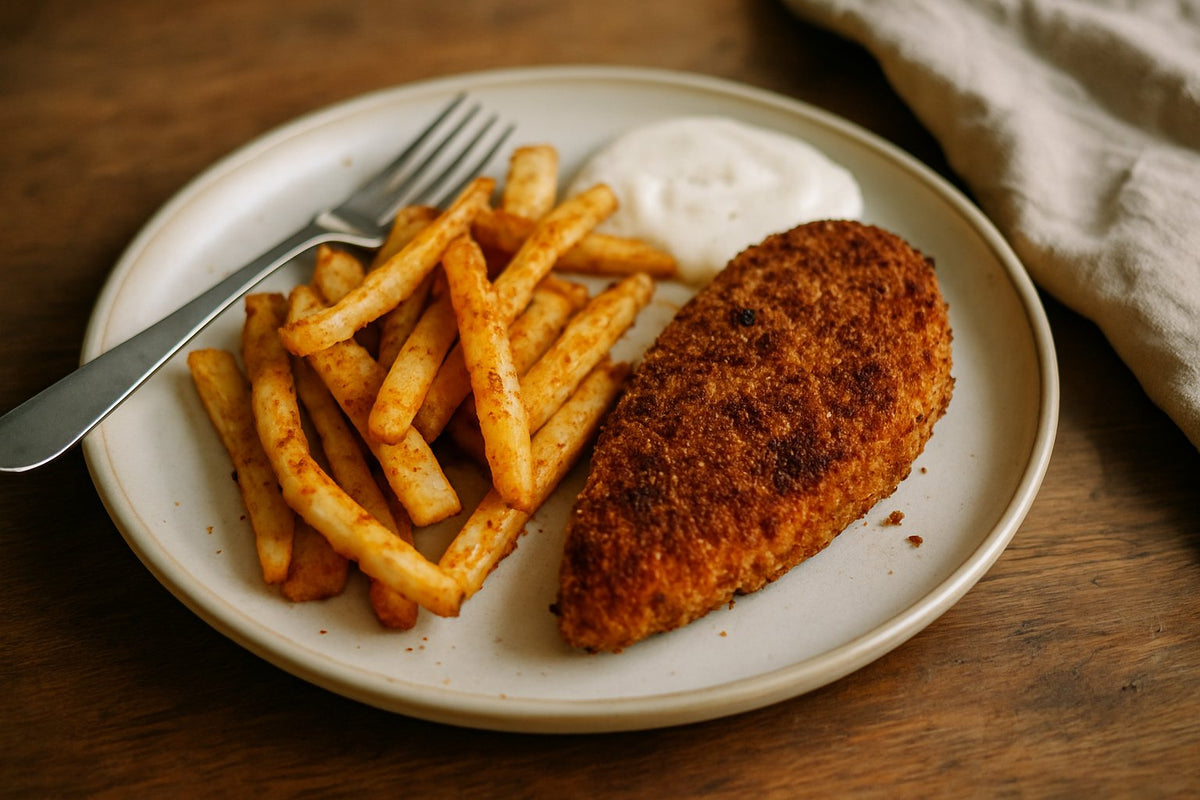 Knolselderij-friet met krokante kip