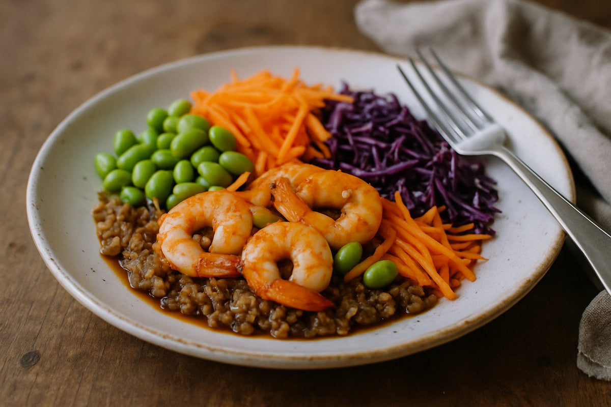 Volkorenbowl met garnalen en edamame