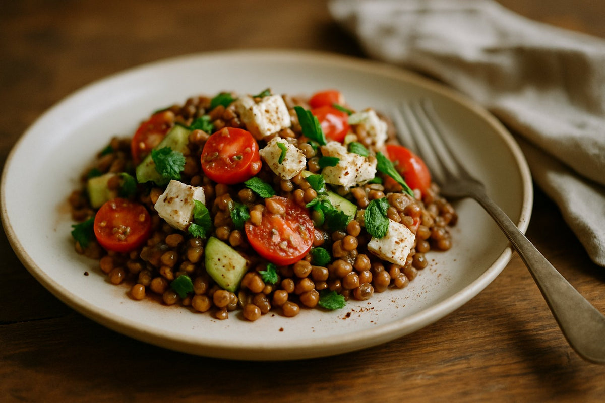 Linzensalade met feta en komkommer