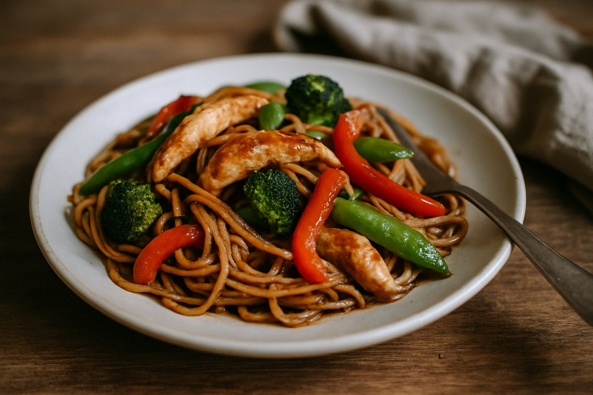 Wok-kip met volkoren noedels en groente