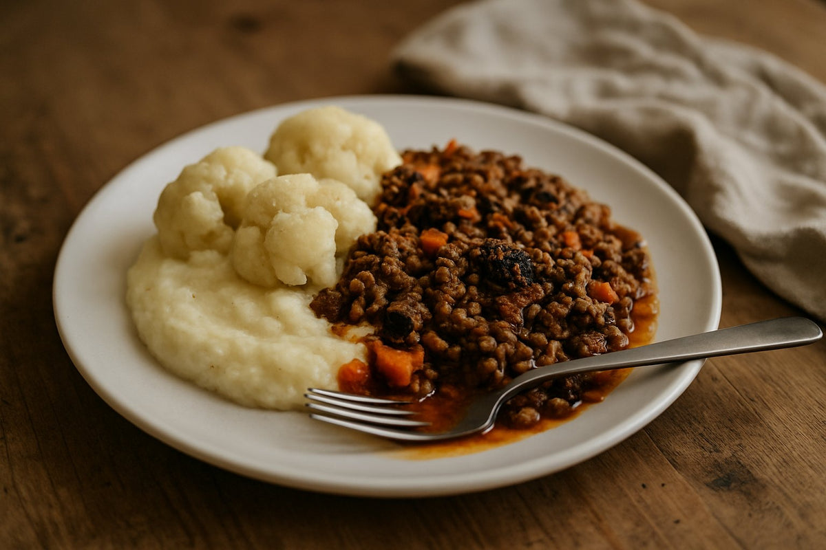 Gehaktschotel met bloemkoolpuree en linzen