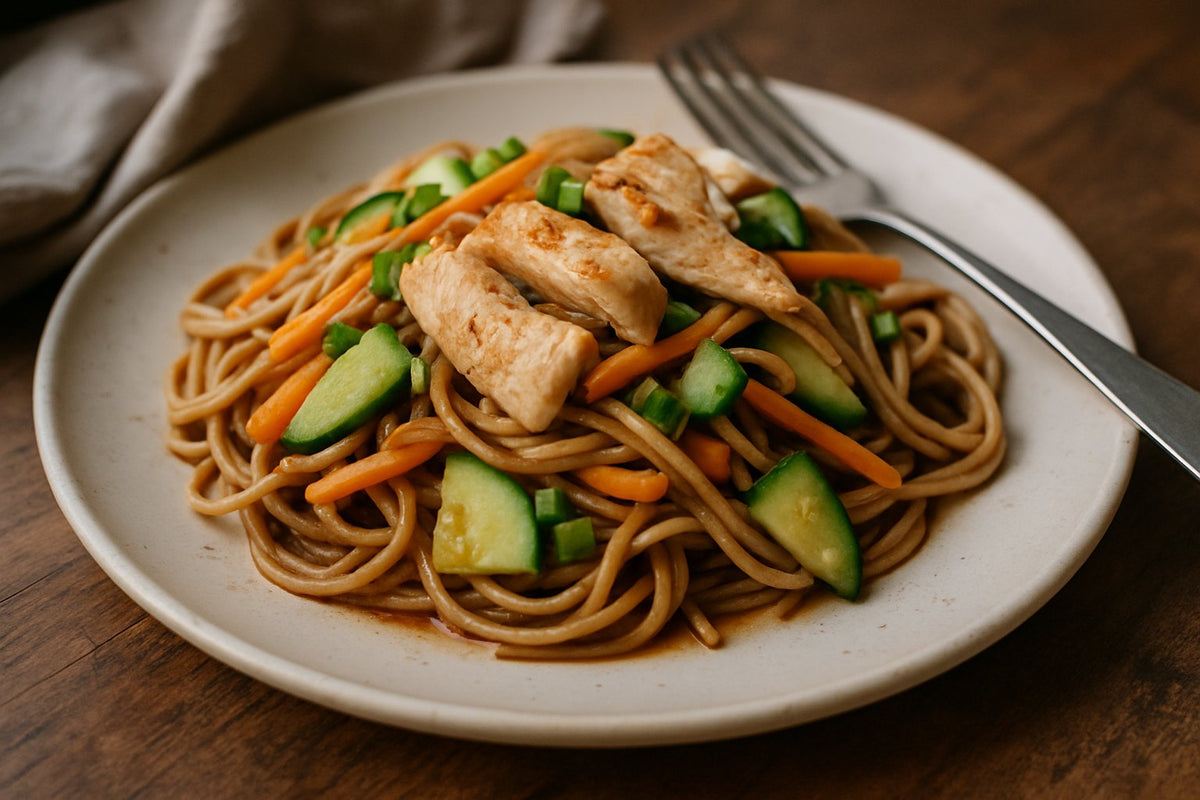 Cold wholemeal noodle salad with chicken