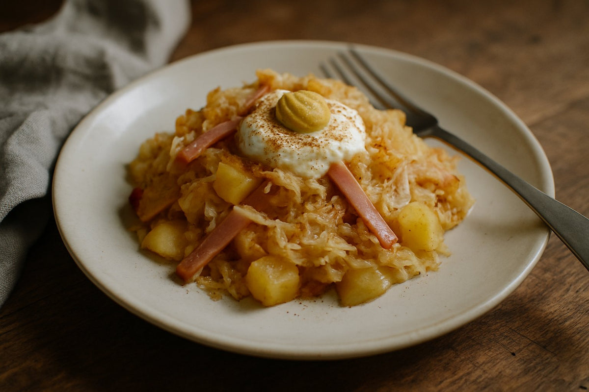 Sauerkrautauflauf mit magerer Schinken und Quark