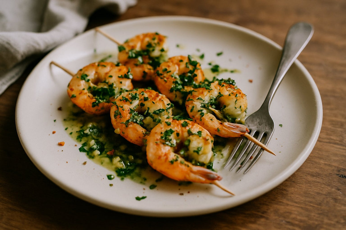 Gegrilde garnalenspiesen met knoflook en peterselie
