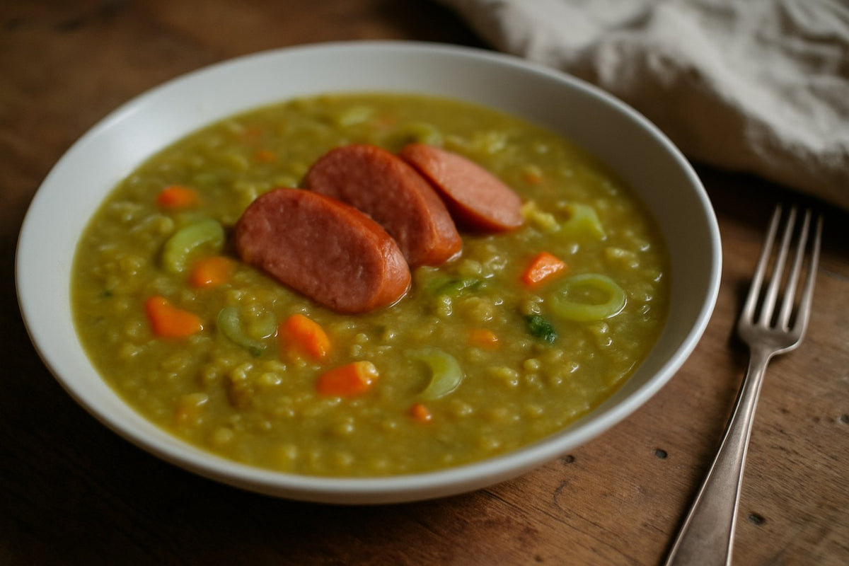 Thick split pea soup with lean smoked sausage