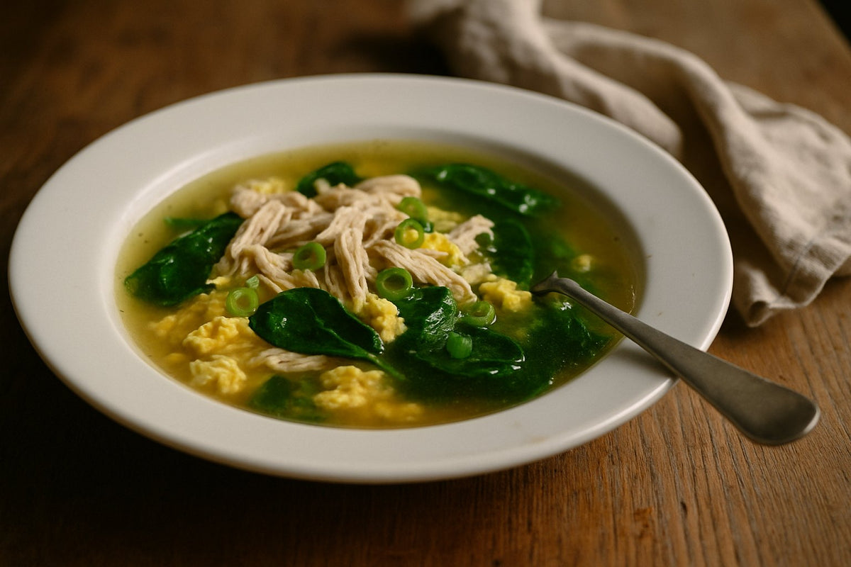 Heldere kippenbouillon met ei en spinazie