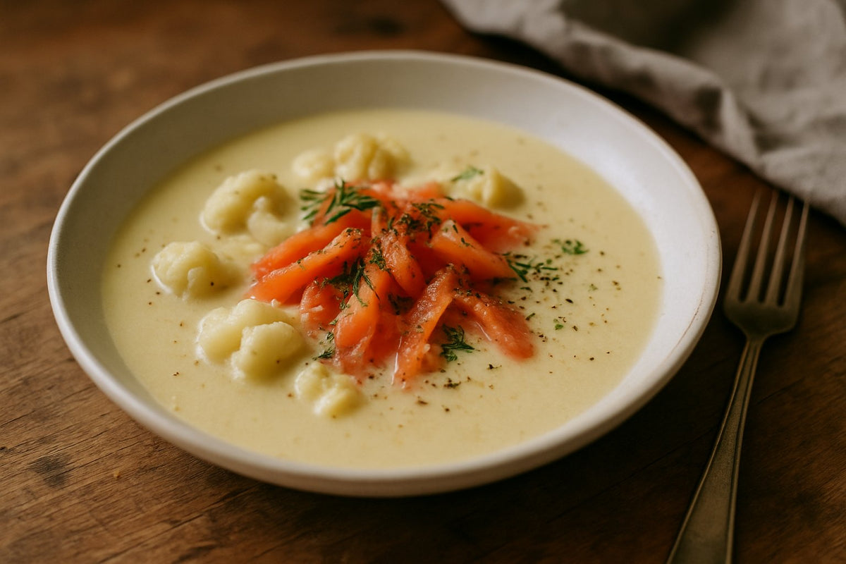 Romige bloemkoolsoep met gerookte zalm