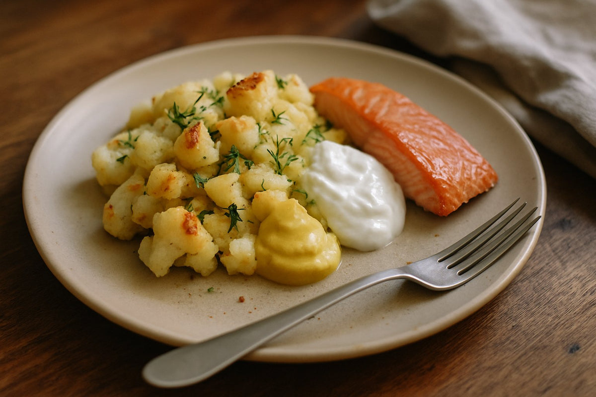 Blumenkohlstampf mit warmgeräuchertem Lachs