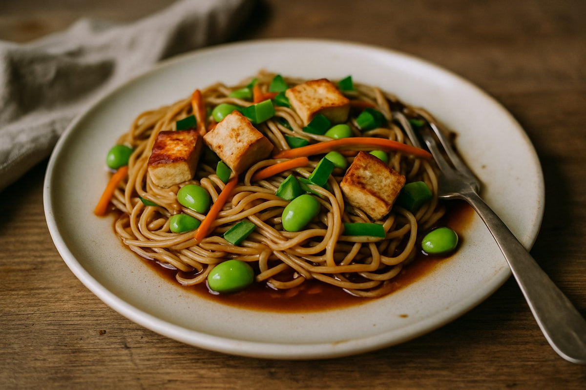Kalter Nudelsalat mit Tofu und Edamame