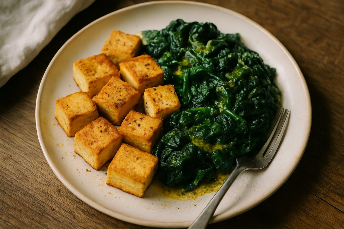 Gebakken tofu met spinazie zonder ei