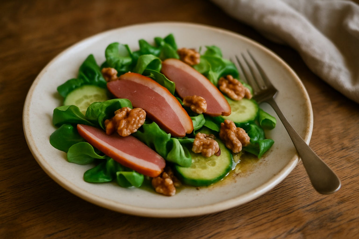 Salade met gerookte eend, veldsla en walnoot
