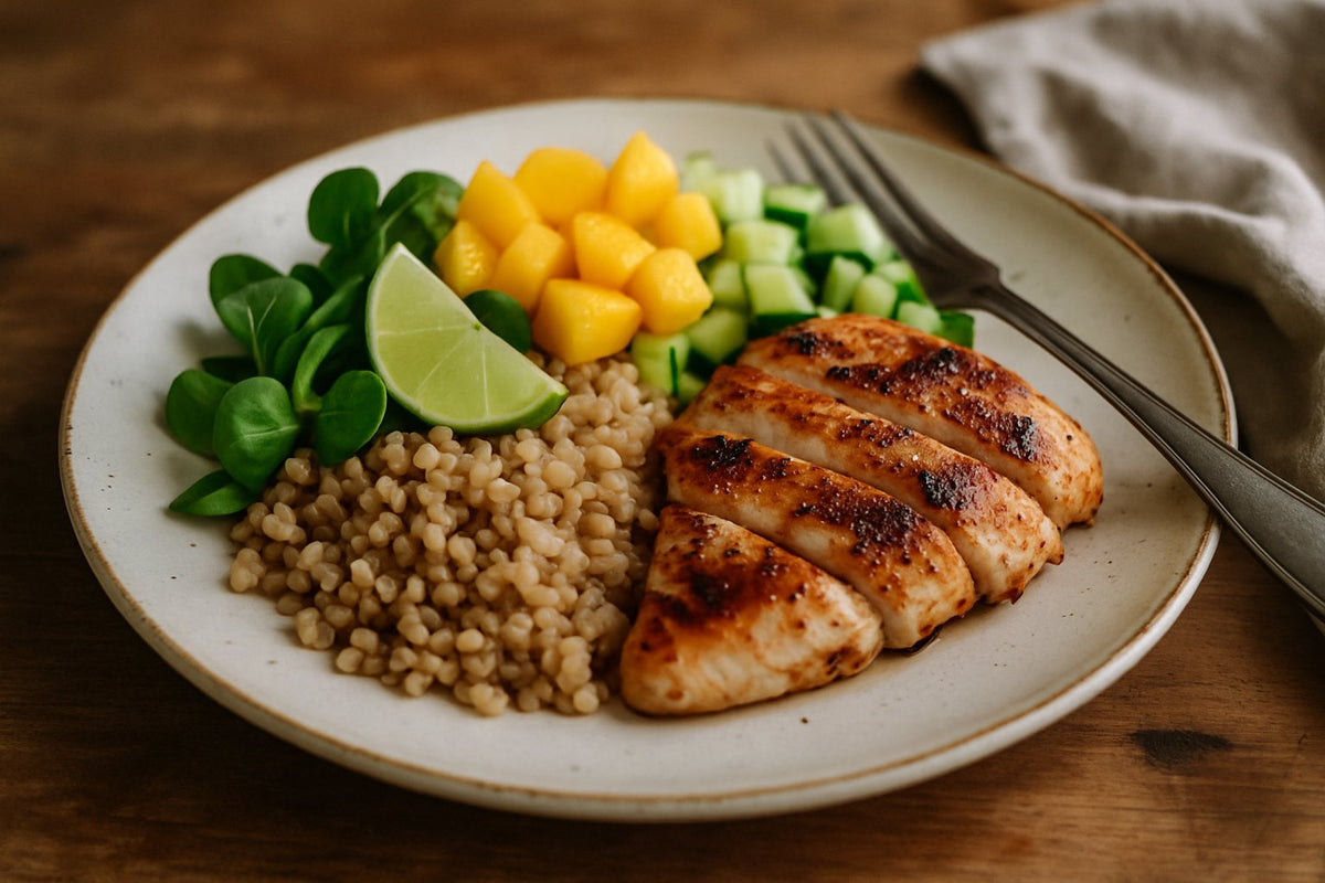 Salade de céréales complètes avec poulet et mangue