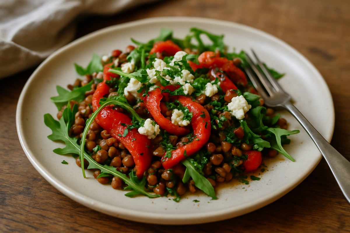 Linzensalade met feta en geroosterde paprika
