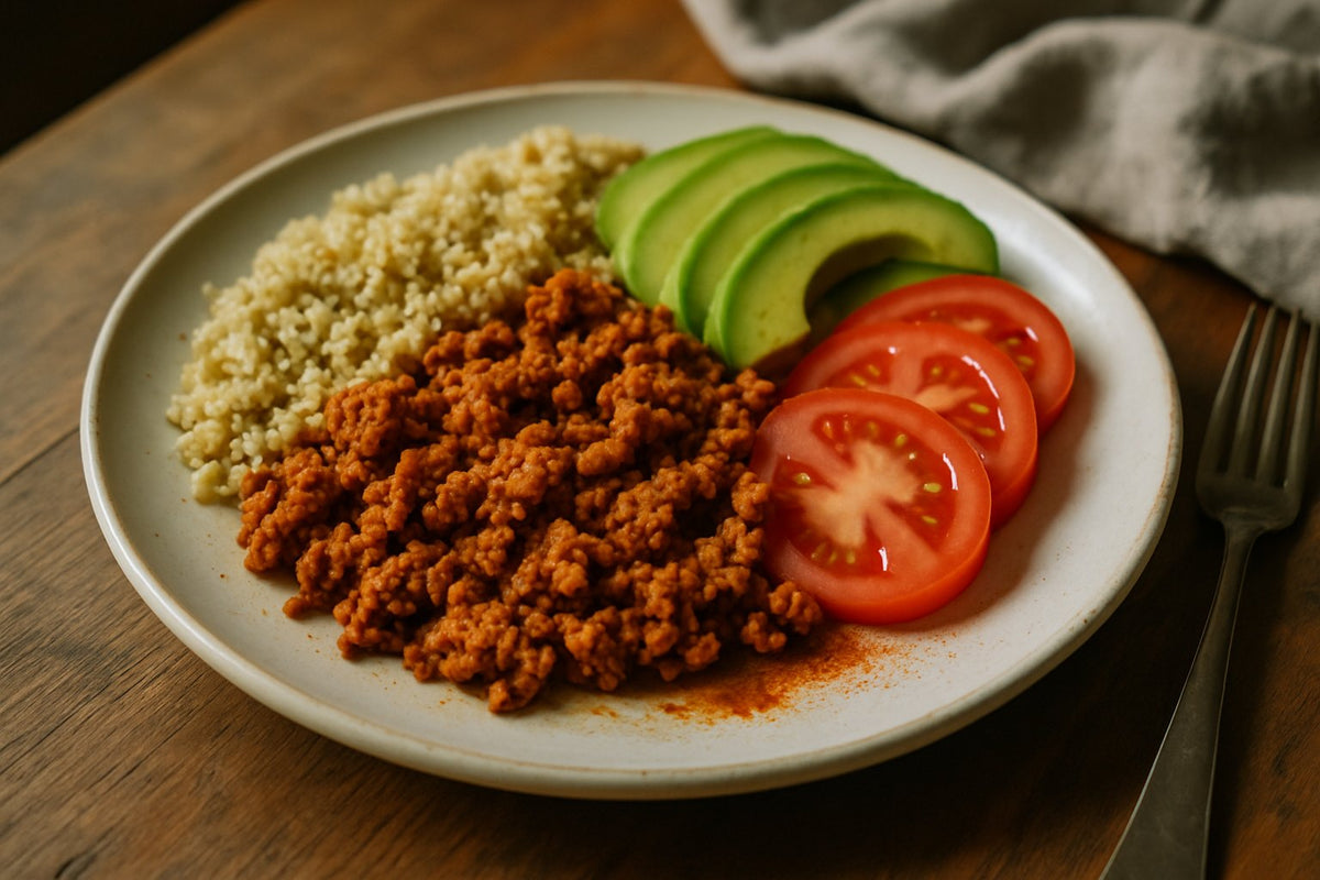 Quinoabowl met gekruid kipgehakt en avocado