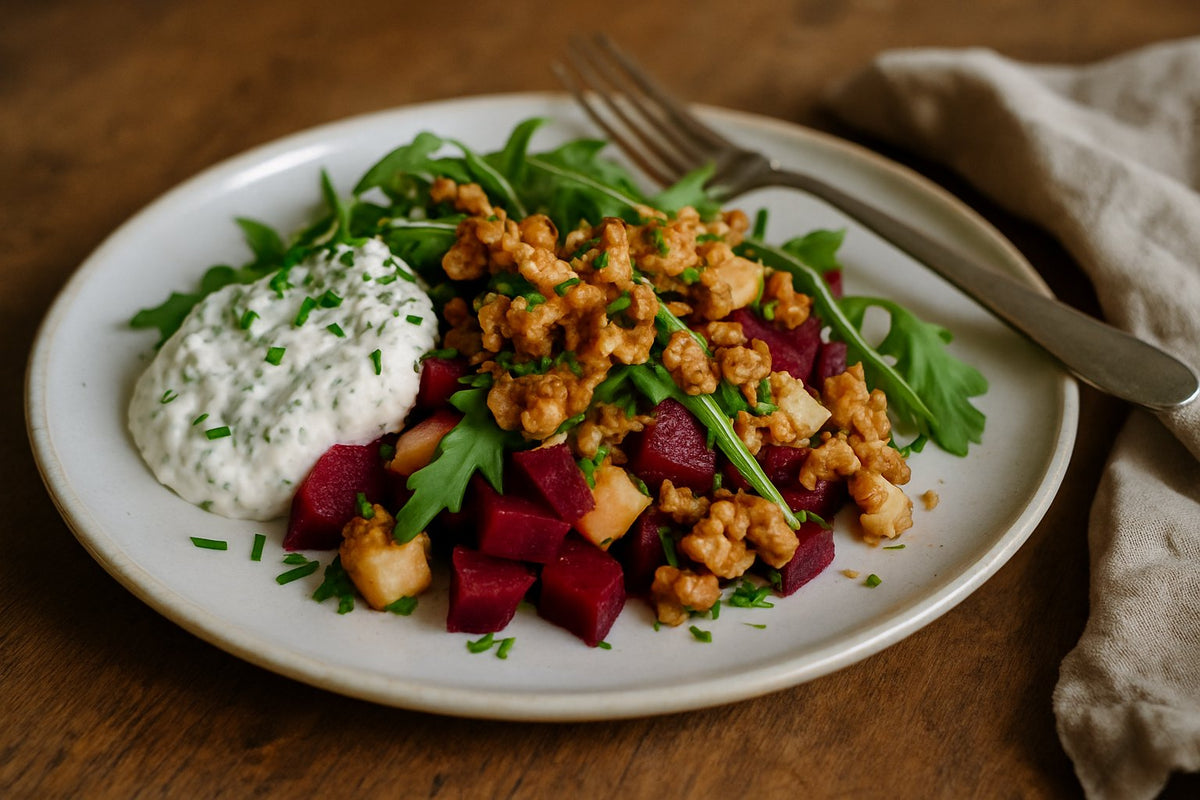 Bietensalade met kruidenkwark en walnoot