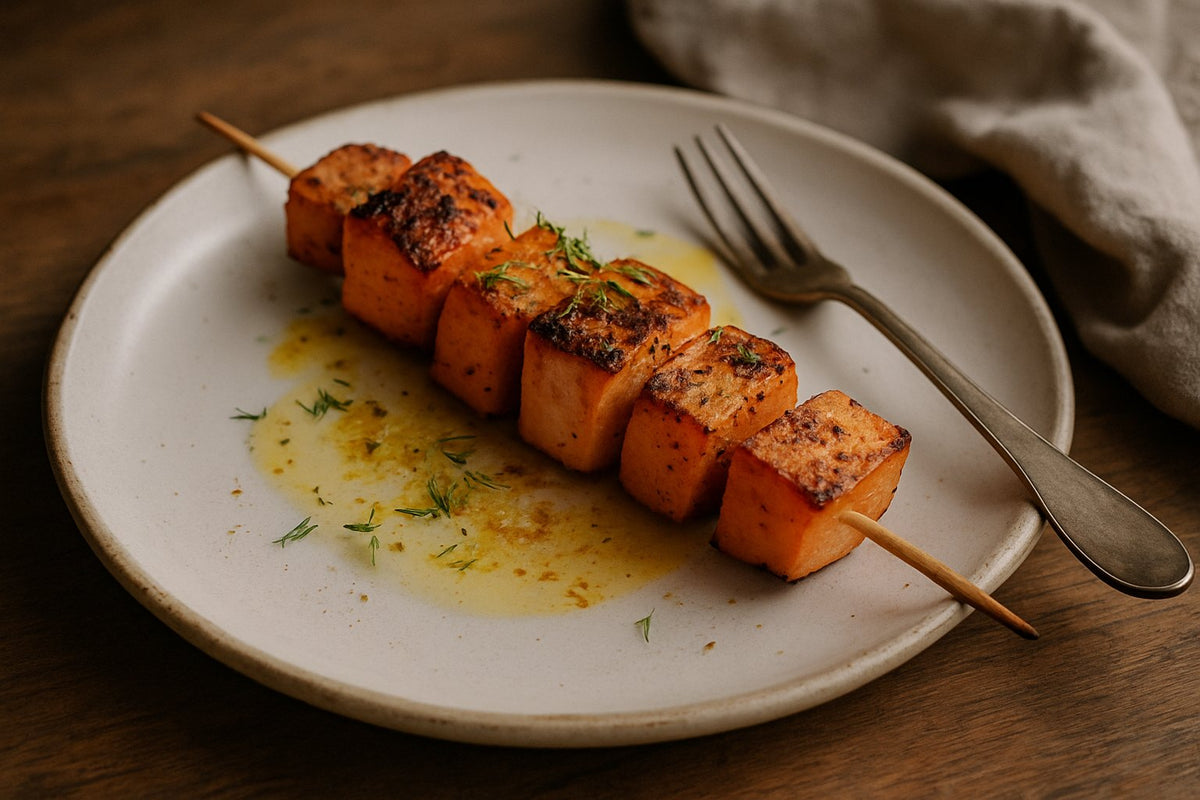 Gegrillte Lachsspieße mit Süßkartoffel