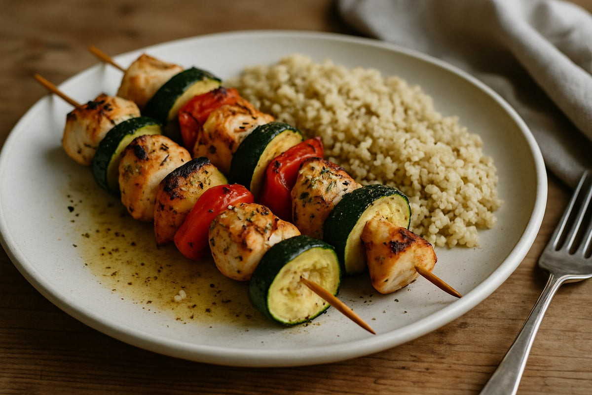 Gegrilde groente en kip spiesen met quinoa