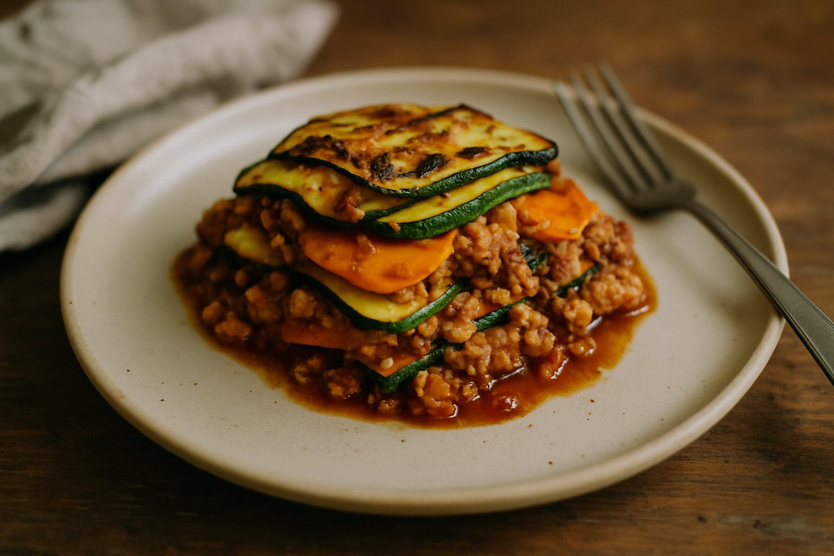 Courgettelasagne met kip en zoete aardappel