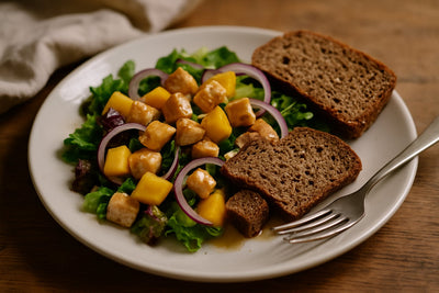 Fruitige kipsalade met mango en volkorencroutons