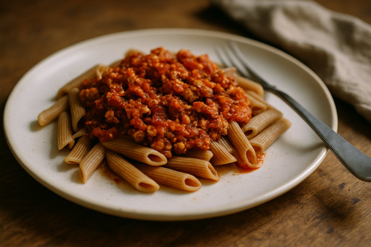 Sojagehakt bolognese met volkorenpasta