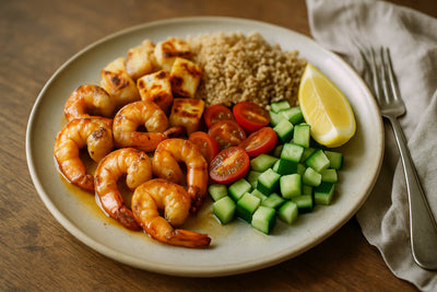 Gegrilde garnaal en halloumi bowl