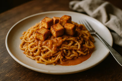 Bloemkoolnoedels met pittige pindasaus en tofu